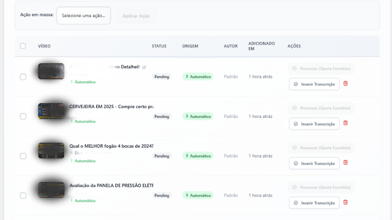 Interface mostrando diferentes estados de processamento em tempo real